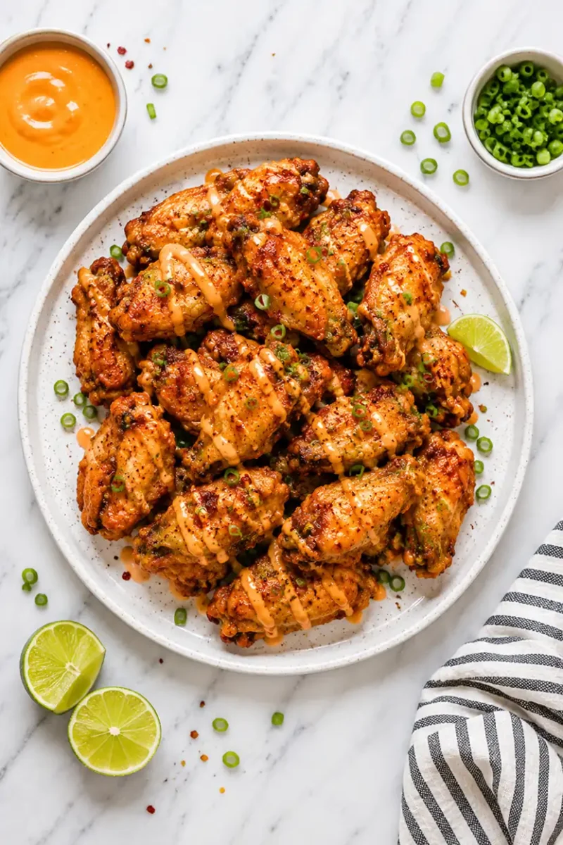 Overhead view of crispy seasoned chicken wings served on a large ceramic plate with lime wedges, creamy sauce drizzle, green onions, and marble countertop styling.