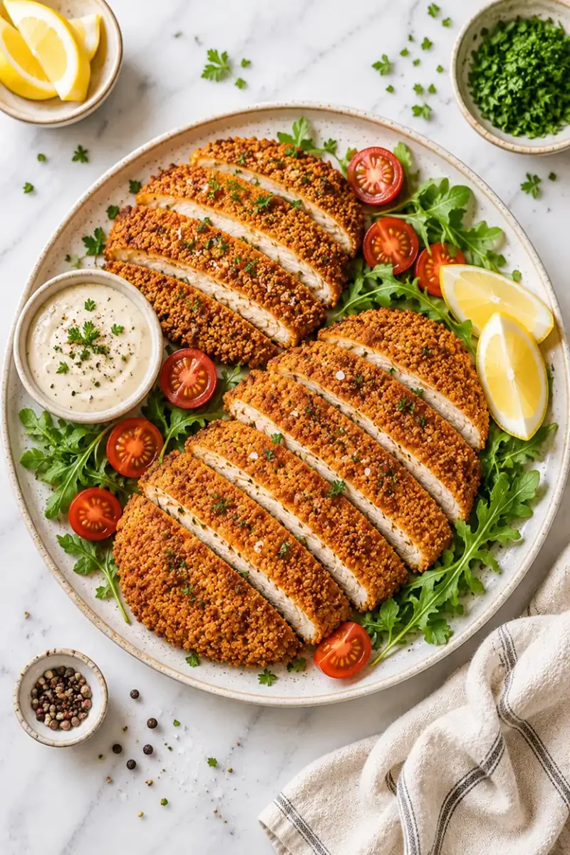 Overhead serving platter of crispy sliced chicken cutlets with fresh arugula, cherry tomatoes, creamy dipping sauce, and lemon wedges on white marble.