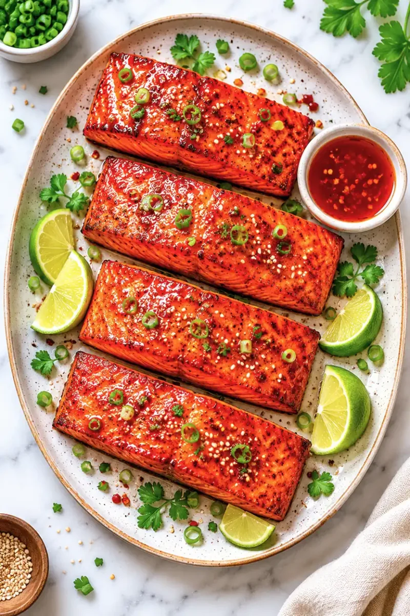 Overhead serving platter of crispy air fryer salmon fillets with lime wedges, dipping sauce, sesame seeds, parsley, and chopped green onions on a marble countertop.