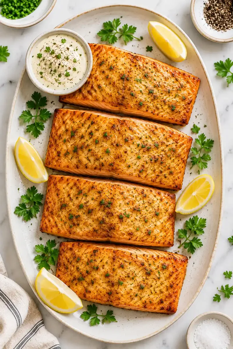 Overhead serving platter of garlic herb salmon fillets with lemon wedges, creamy dipping sauce, parsley garnish, and bright marble styling.