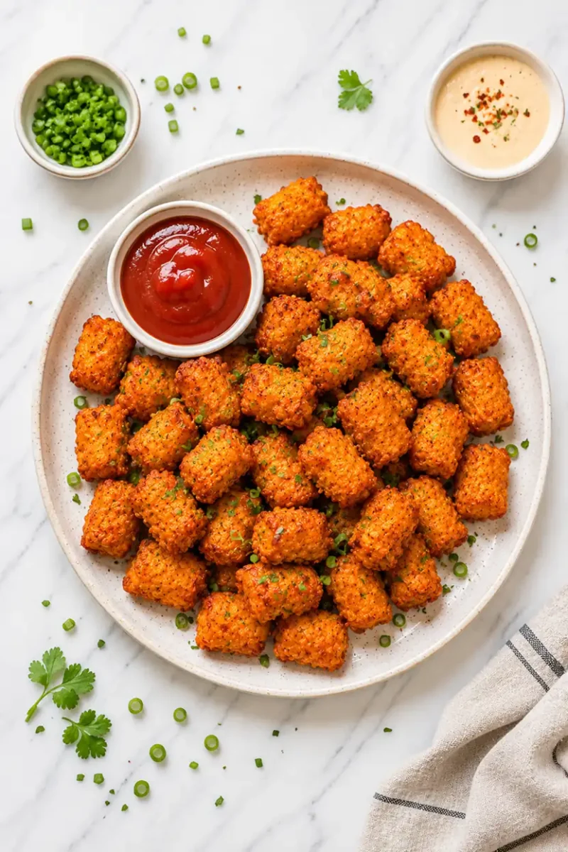 Overhead serving shot of crispy seasoned tater tots with ketchup and creamy dipping sauce, garnished with green onions on a white marble background.