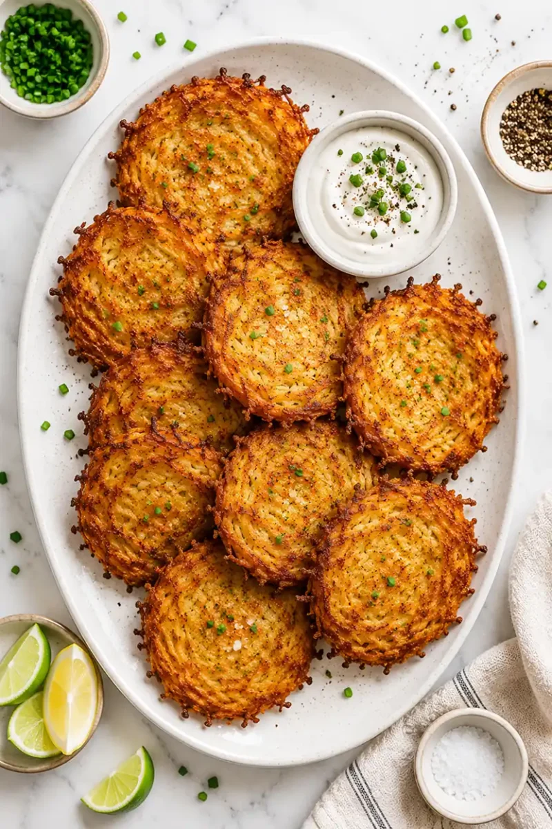 Overhead serving platter of crispy potato pancakes with sour cream dip, lime wedges, flaky salt, and fresh herbs styled on a white marble surface.