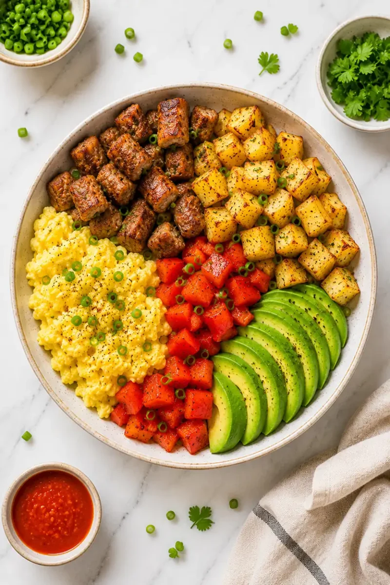 Overhead breakfast bowl with fluffy scrambled eggs, crispy potatoes, avocado slices, steak bites, and fresh tomatoes styled on a white marble countertop.