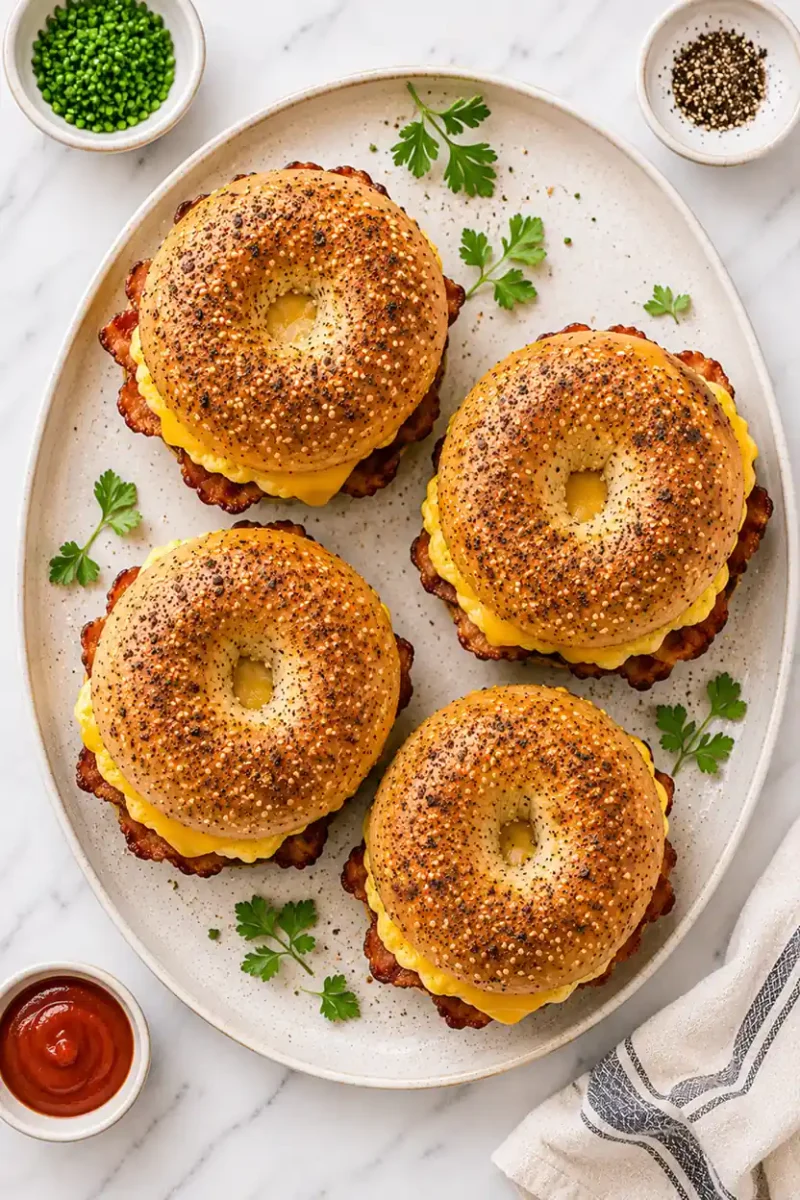 Overhead platter of air fryer breakfast bagel sandwiches filled with eggs, cheddar cheese, and bacon on a bright marble countertop with parsley garnish.