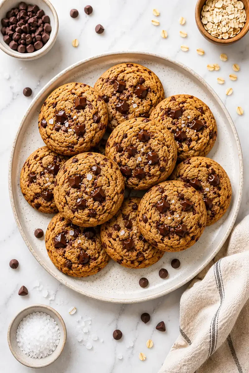 Overhead view of homemade air fryer chocolate chip cookies topped with chocolate chunks and flaky sea salt, styled with oats and chocolate chips on marble.