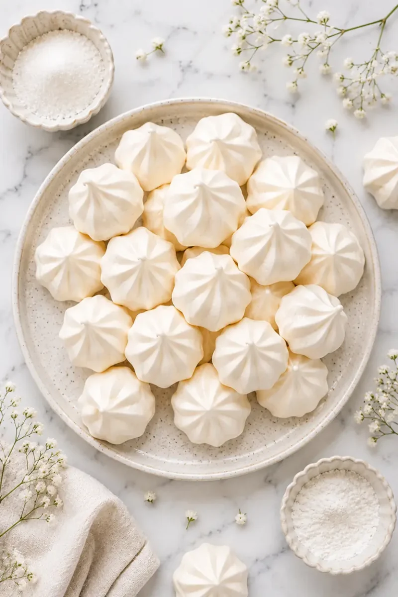 Overhead serving plate of homemade air fryer meringue cookies with elegant swirled tops, styled with white floral accents on a marble background.