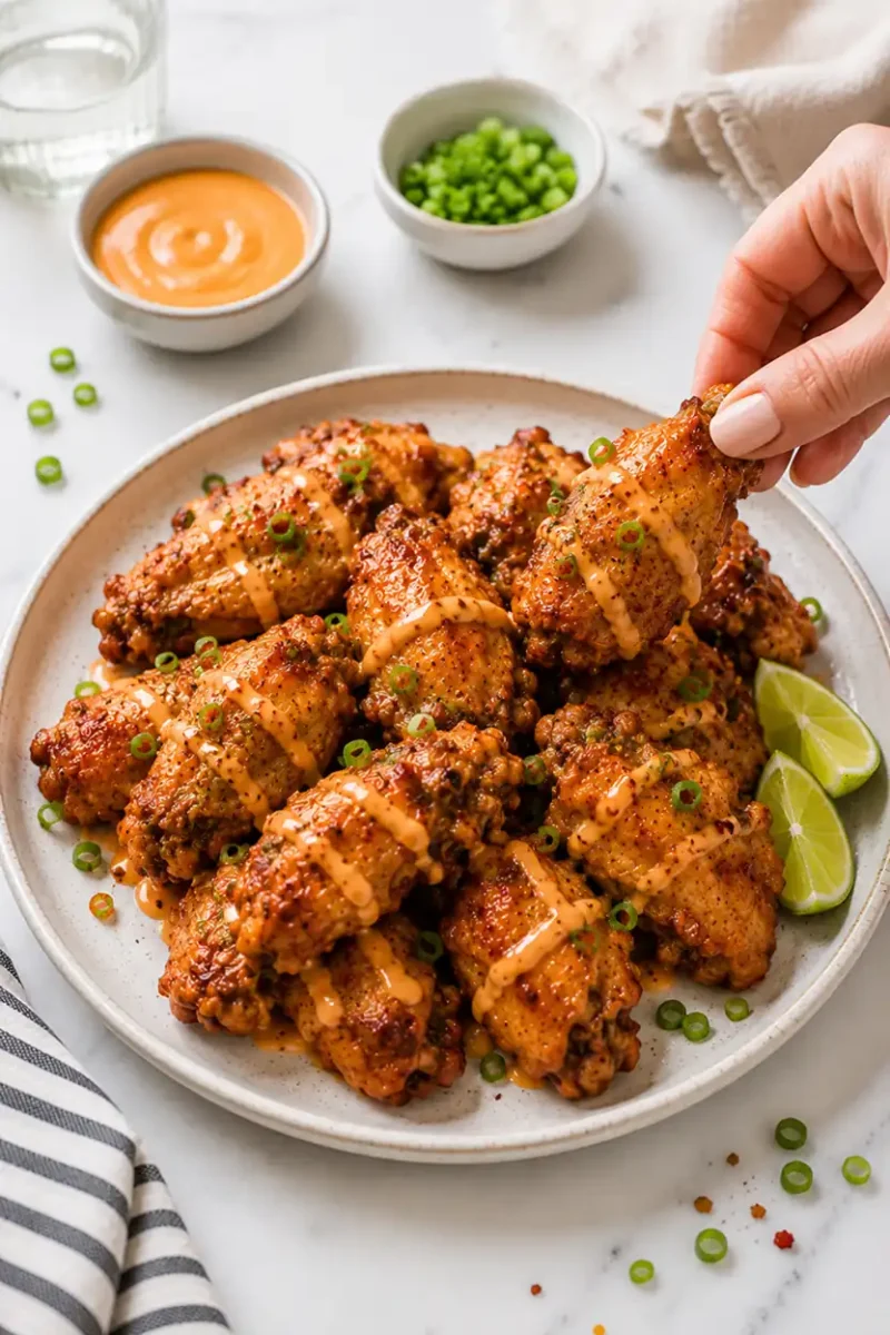 Close up plated chicken wings with a hand picking up a crispy drumette, topped with creamy spicy sauce, green onion garnish, and lime wedges on a bright marble background.