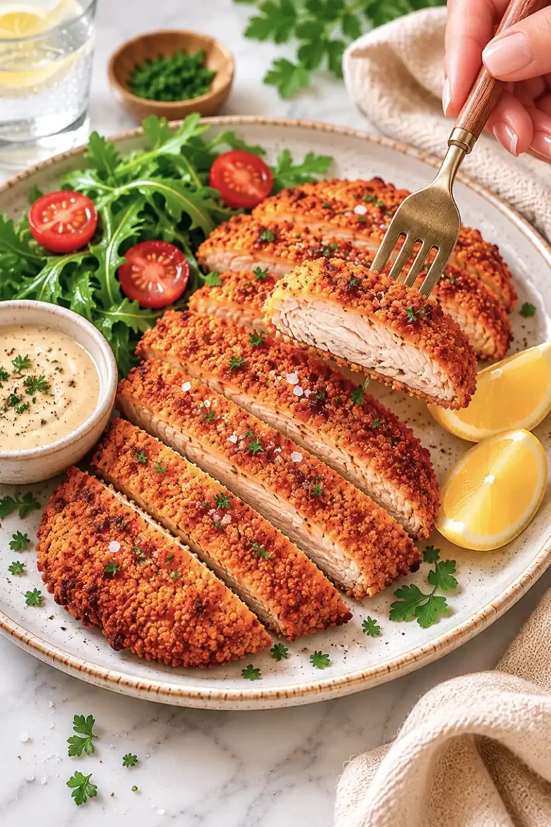 Close up crispy chicken cutlet with a fork lifting a juicy sliced piece beside fresh greens, lemon wedges, and creamy dipping sauce on a ceramic plate.