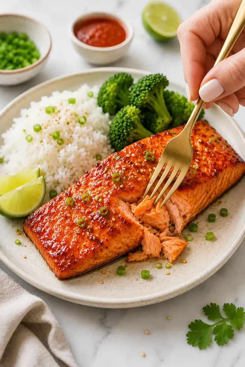 Close up glazed salmon fillet with a fork flaking apart the tender salmon, served with rice, broccoli, lime wedges, and green onion garnish on a ceramic plate.