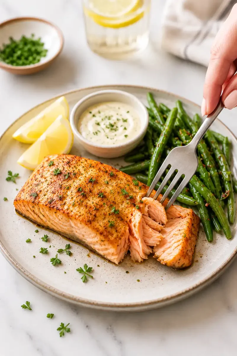 Close up garlic herb salmon fillet being flaked apart with a fork beside roasted green beans, lemon wedges, and creamy dipping sauce on a ceramic plate.