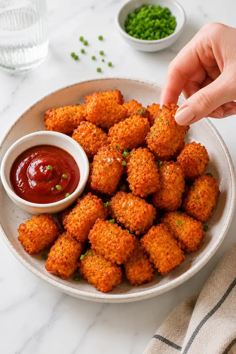 Close up plate of crunchy air fryer tater tots with a hand grabbing a crispy tot beside a bowl of ketchup dipping sauce and fresh green onion garnish.