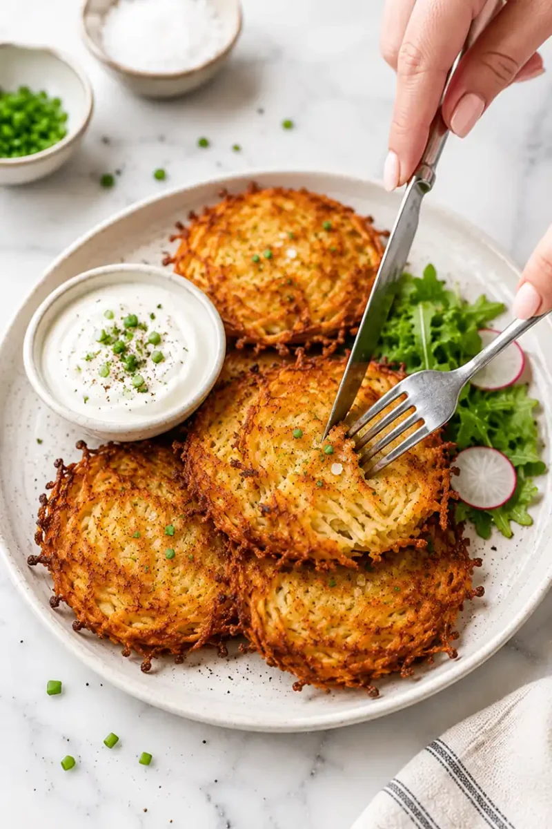 Close up crispy potato pancake being cut with a fork and knife beside creamy sour cream dip and fresh herb garnish on a ceramic plate.