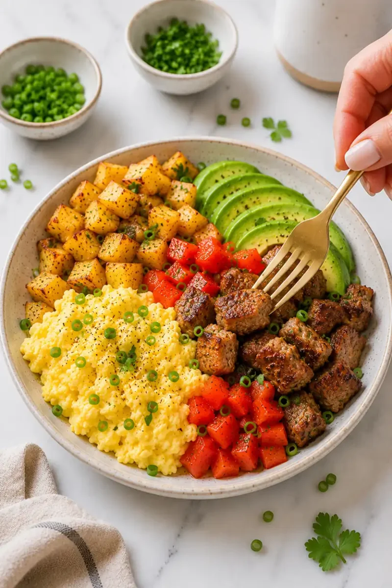 Close up breakfast bowl with a fork picking up juicy steak bites beside scrambled eggs, crispy potatoes, avocado slices, and diced tomatoes on a ceramic plate.