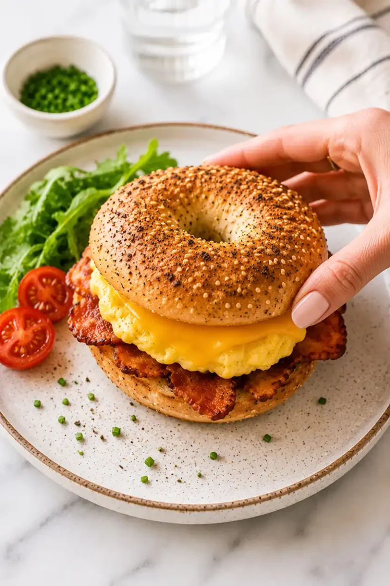 Close up breakfast bagel sandwich with melted cheese, fluffy eggs, and crispy bacon while a hand holds the toasted seeded bagel on a ceramic plate.