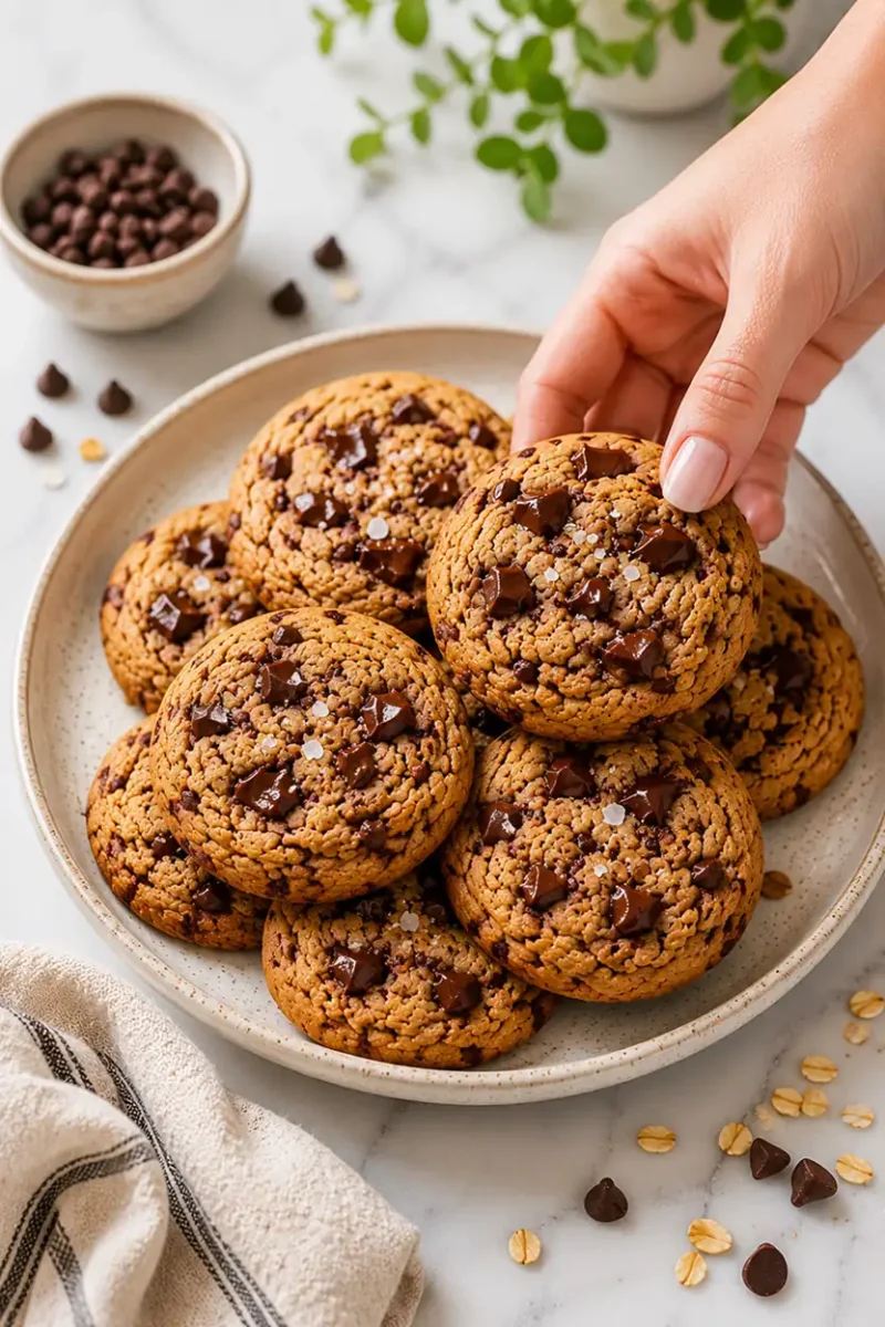 Close up plate of chewy chocolate chip cookies with a hand picking up a warm cookie filled with melted chocolate chunks and crispy golden edges.