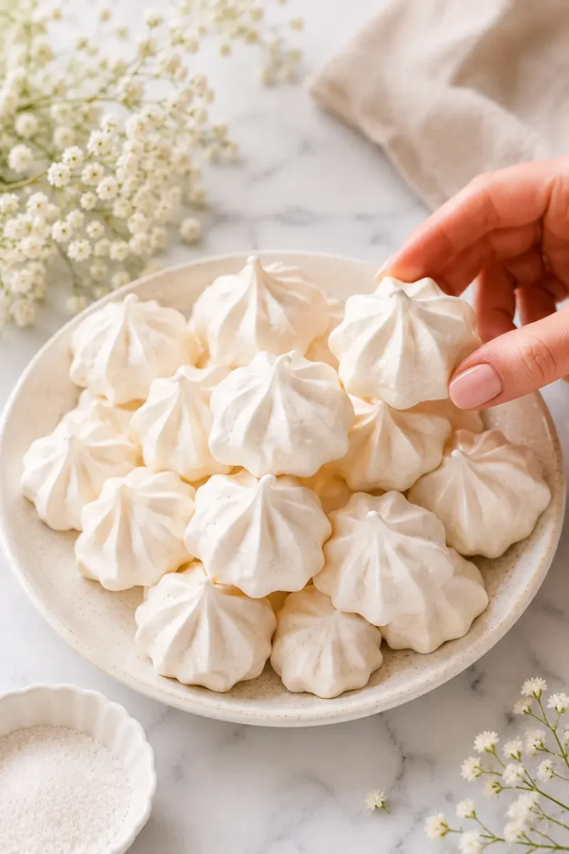 Close up plate of crisp air fryer meringue cookies with a hand picking up a delicate swirled meringue beside soft floral styling on a bright marble surface.