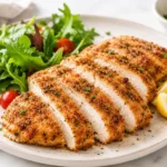 Juicy air fryer chicken breast sliced on a ceramic plate with fresh greens, cherry tomatoes, lemon wedges, and seasoned golden crust on a bright marble countertop.