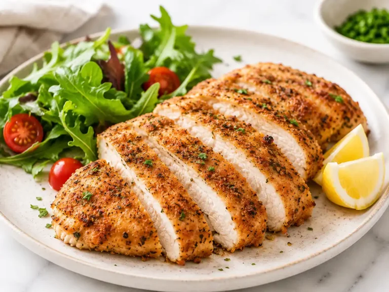 Juicy air fryer chicken breast sliced on a ceramic plate with fresh greens, cherry tomatoes, lemon wedges, and seasoned golden crust on a bright marble countertop.