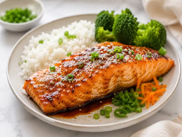 Glazed air fryer salmon fillet served with white rice and steamed broccoli, topped with sesame seeds and green onions on a ceramic plate over a marble countertop.