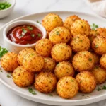 Crispy air fryer potato cheese balls served on a ceramic plate with ketchup dipping sauce, parsley garnish, and golden crunchy coating on a bright marble countertop.
