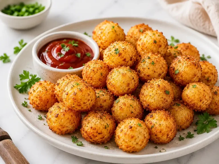 Crispy air fryer potato cheese balls served on a ceramic plate with ketchup dipping sauce, parsley garnish, and golden crunchy coating on a bright marble countertop.
