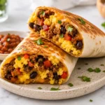 Air fryer breakfast burritos filled with scrambled eggs, seasoned ground beef, black beans, peppers, and melted cheese, sliced open on a ceramic plate with salsa.