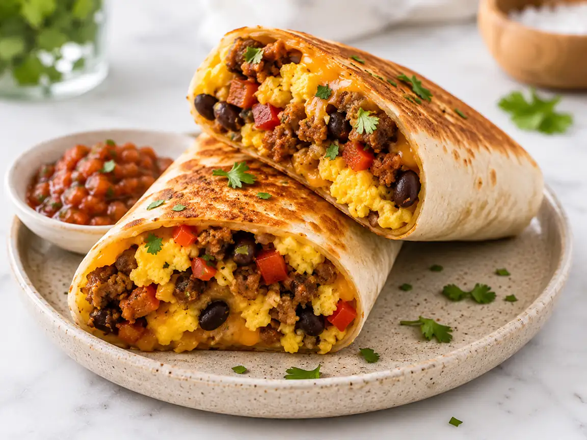 Air fryer breakfast burritos filled with scrambled eggs, seasoned ground beef, black beans, peppers, and melted cheese, sliced open on a ceramic plate with salsa.