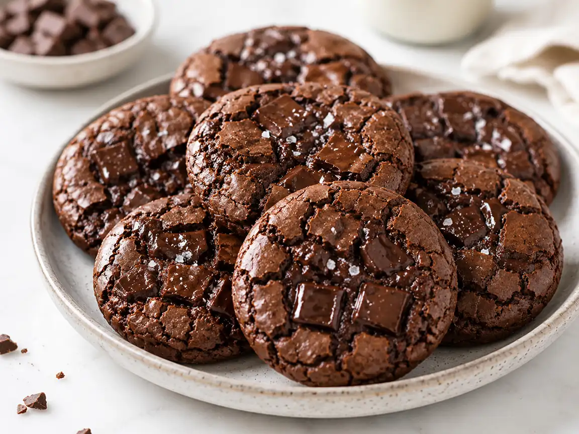Fudgy air fryer double chocolate cookies stacked on a ceramic plate with melted chocolate chunks, crackled tops, and flaky sea salt on a bright marble countertop.