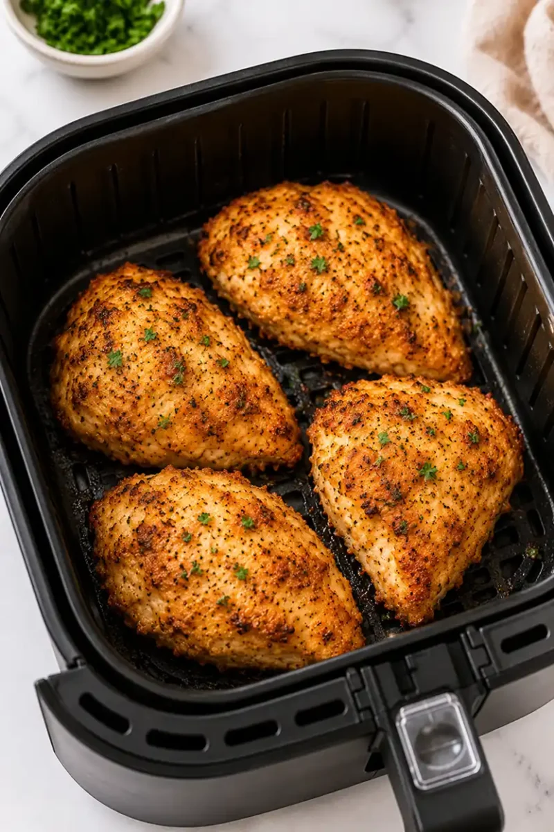 Seasoned chicken breasts cooking inside a black air fryer basket with golden crispy edges, parsley garnish, and tender juicy texture.