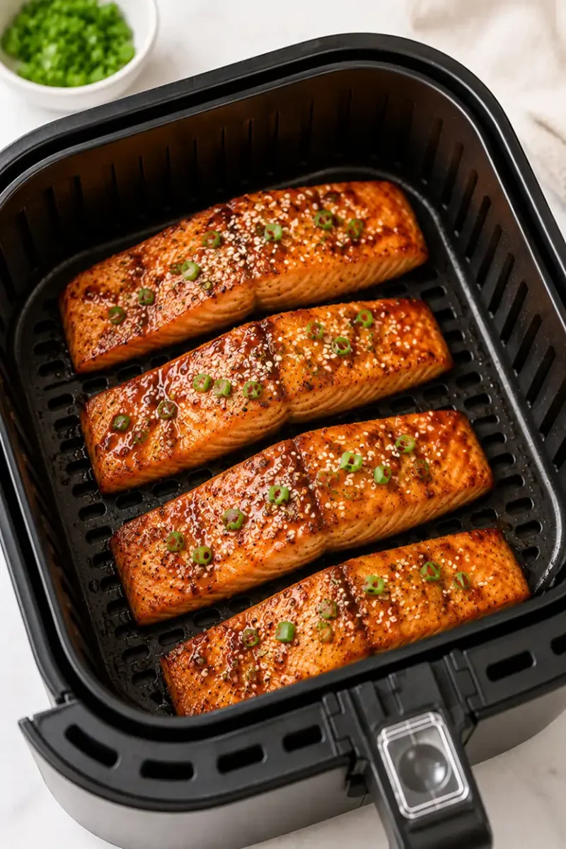 Seasoned salmon fillets cooking inside a black air fryer basket with caramelized glaze, sesame seeds, and glossy golden edges.