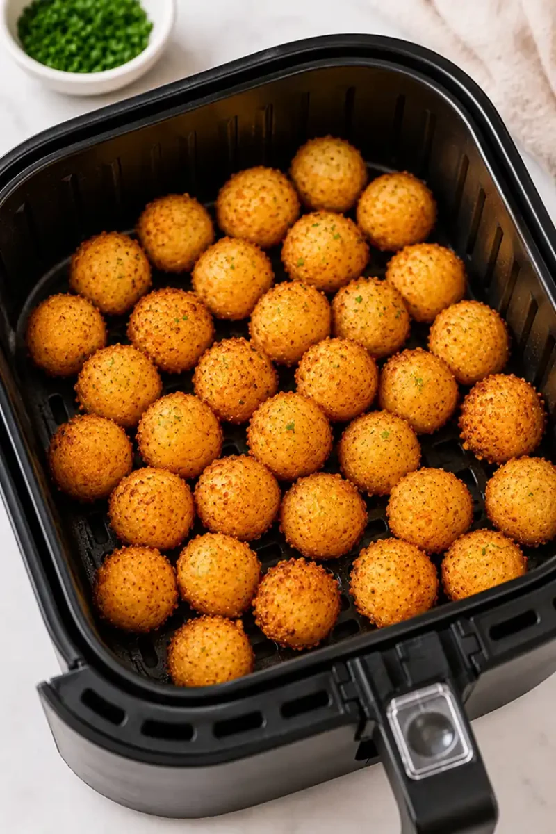 Golden potato cheese balls cooking inside a black air fryer basket with crispy seasoned coating and evenly browned texture.