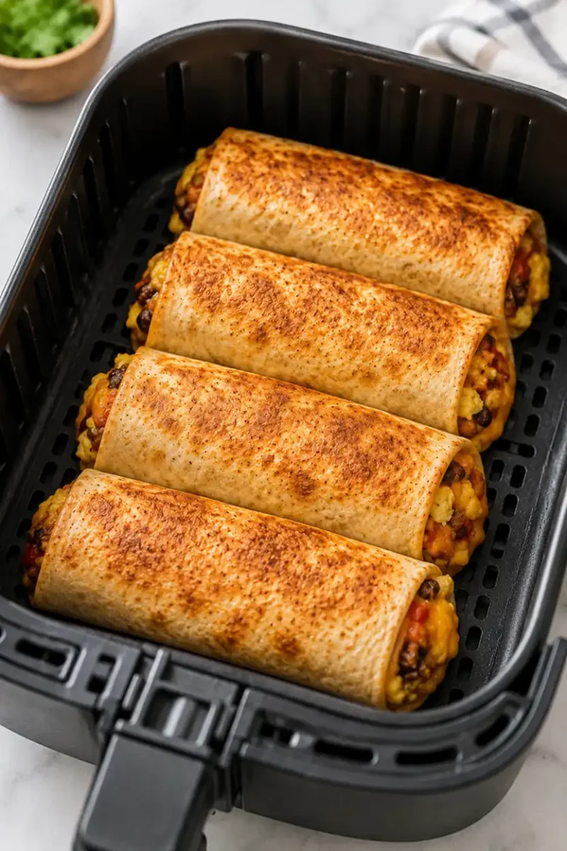 Crispy breakfast burritos cooking inside a black air fryer basket with toasted tortilla shells and hearty egg, bean, and beef filling.