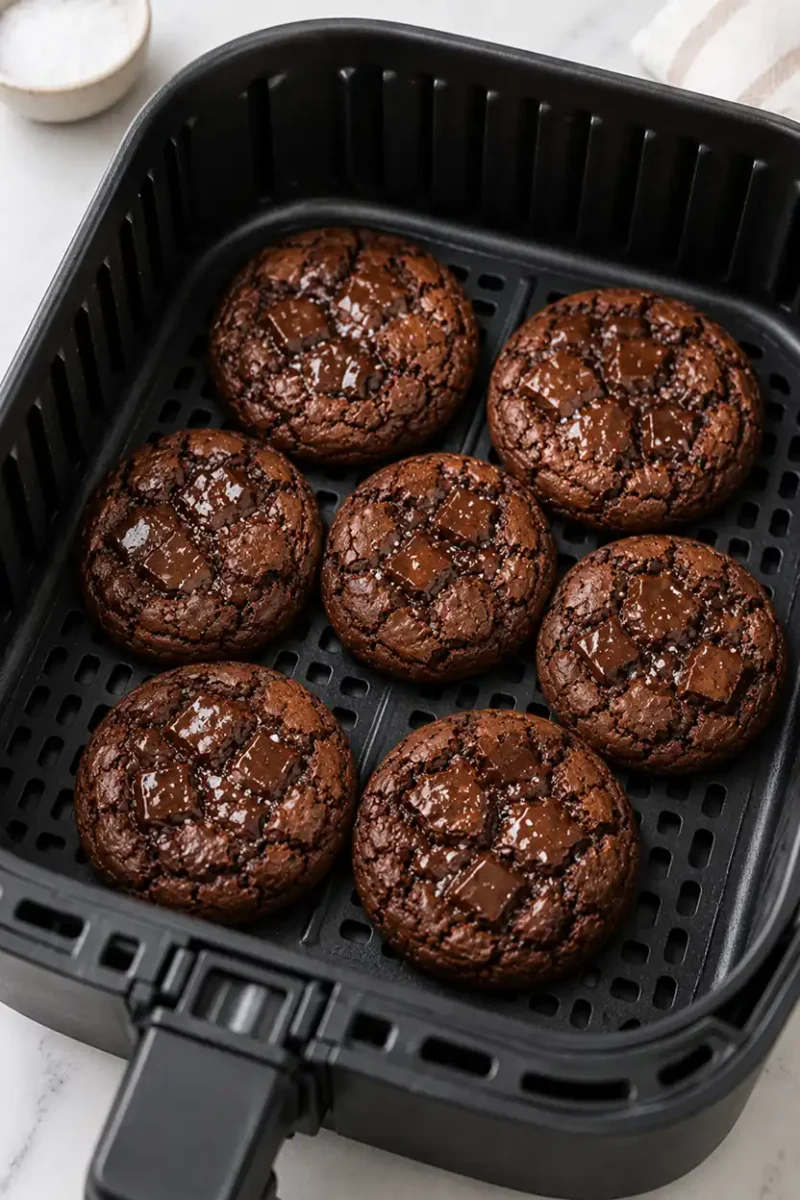 Freshly baked chocolate cookies inside a black air fryer basket with crackly brownie like texture, melted chocolate pieces, and rich dark cocoa color.