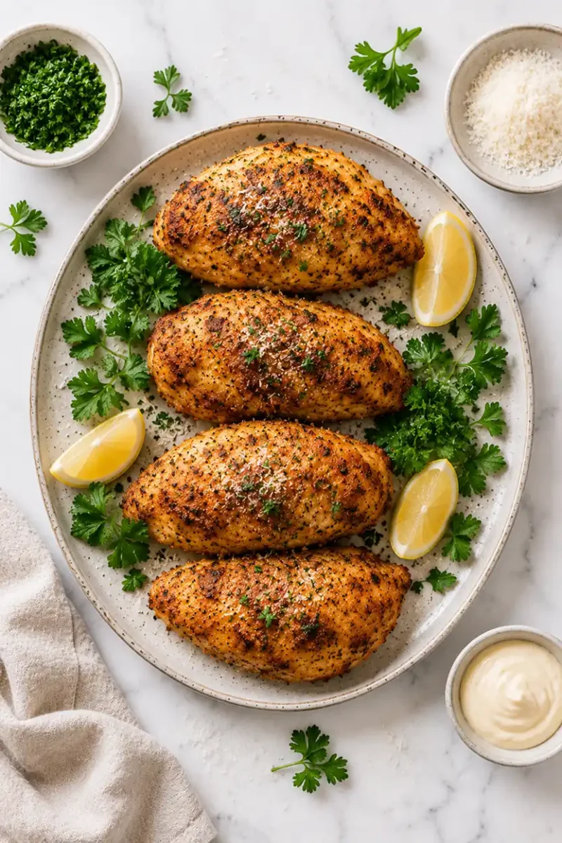 Overhead serving platter of air fryer chicken breasts with lemon wedges, parsley garnish, creamy dipping sauce, and marble countertop styling.