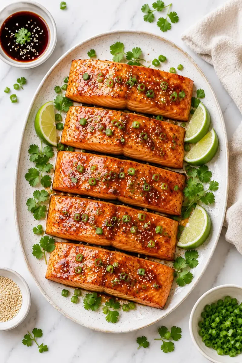 Overhead serving platter of glazed air fryer salmon fillets with lime wedges, fresh herbs, sesame seeds, and glossy sauce on a bright marble surface.