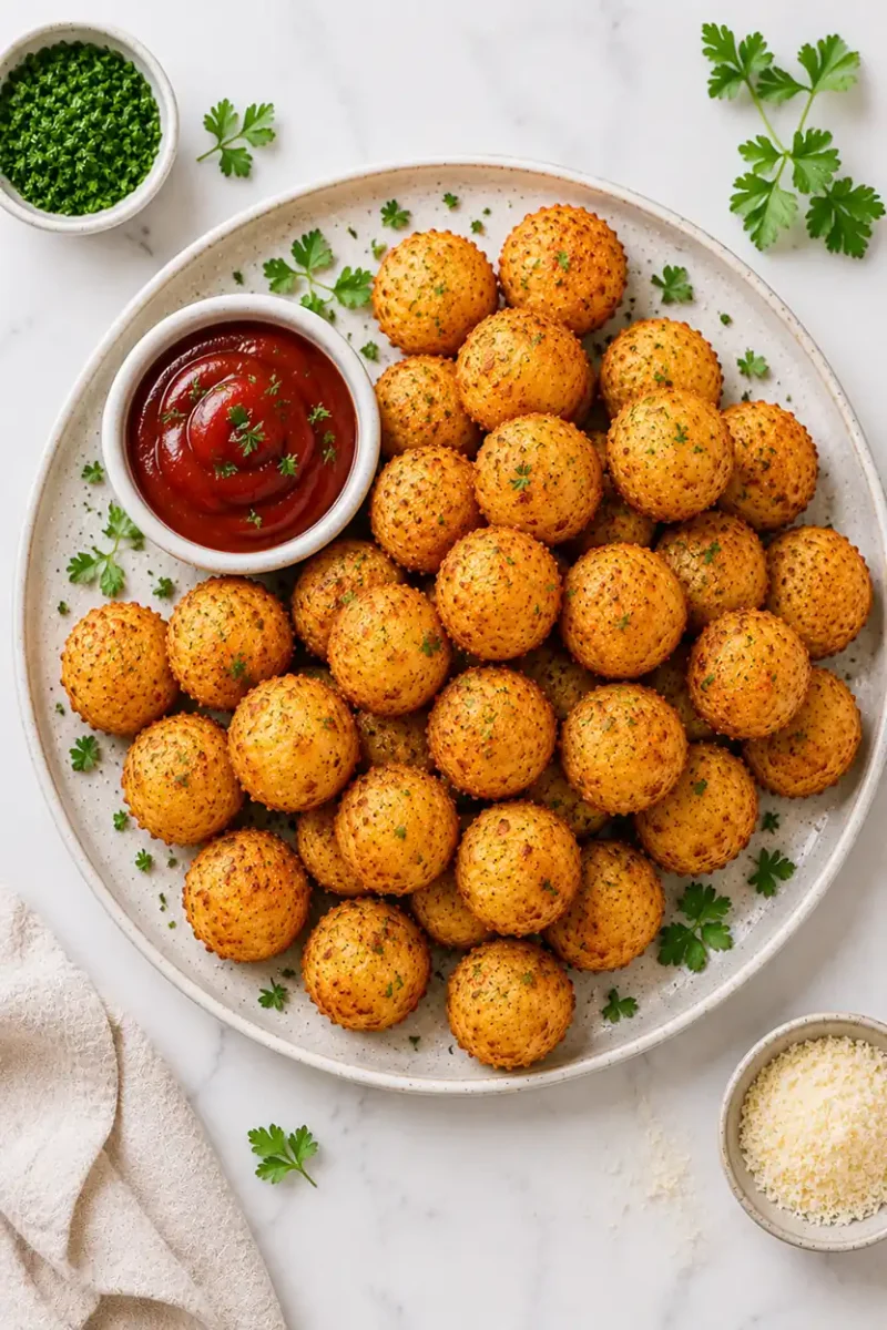 Overhead serving platter of crispy air fryer potato cheese balls with ketchup dipping sauce, parsley garnish, and marble countertop styling.