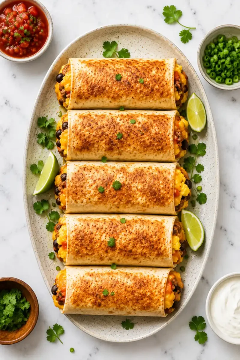 Overhead serving platter of golden air fryer breakfast burritos with salsa, lime wedges, fresh herbs, and crispy toasted tortilla texture on marble.