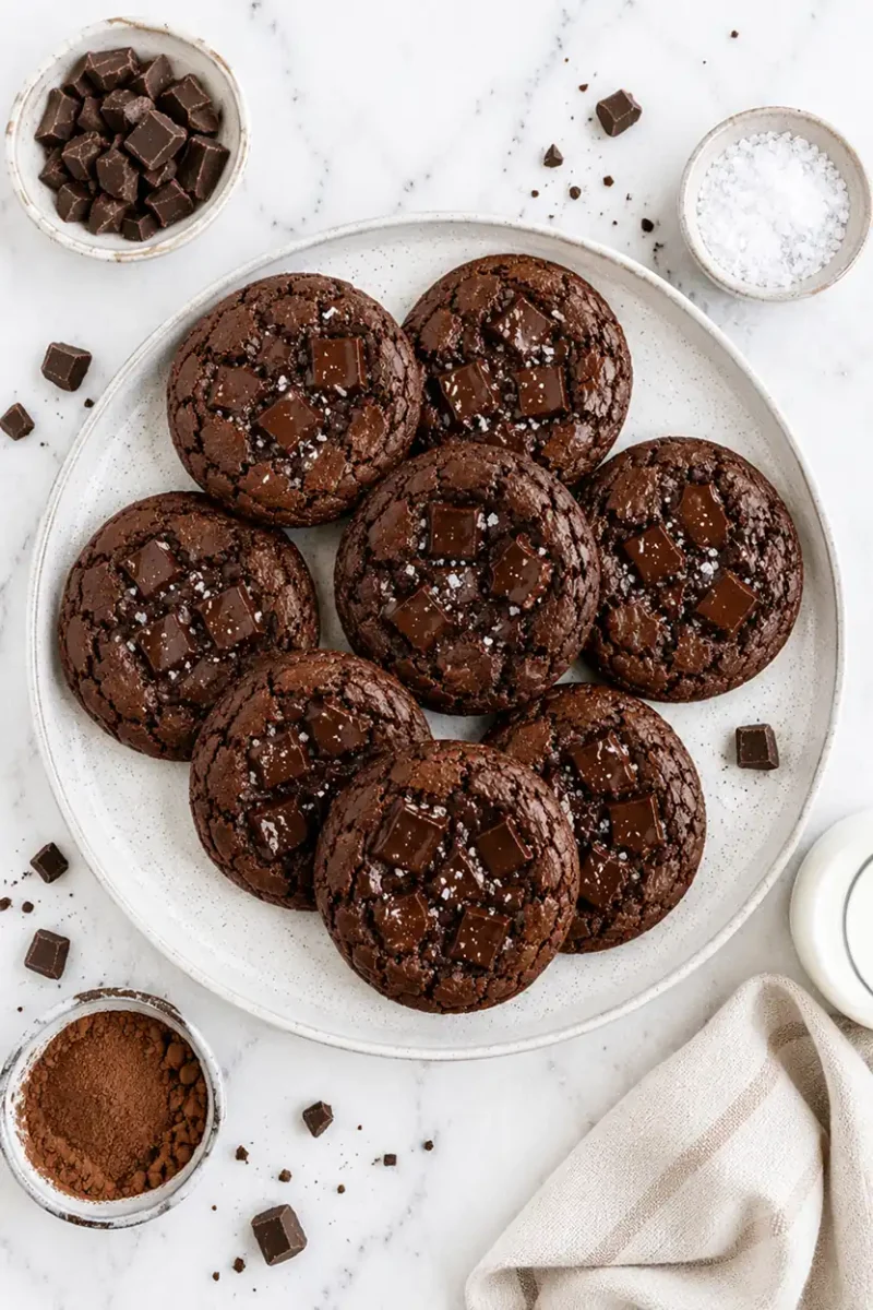 Overhead serving plate of fudgy double chocolate cookies with chocolate chunks, cocoa powder, flaky sea salt, and marble countertop styling.