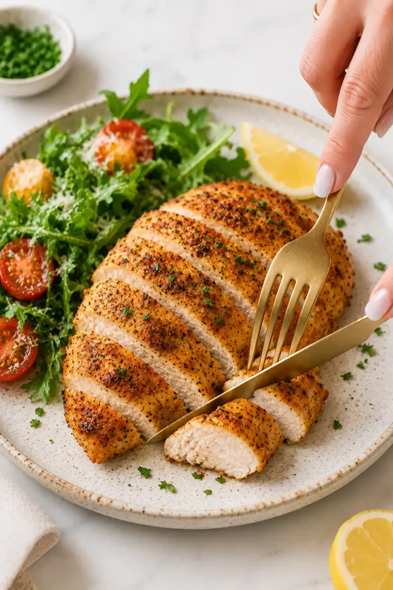 Close up sliced chicken breast being cut with a fork and knife beside fresh salad greens, lemon wedges, and crispy seasoned edges on a ceramic plate.