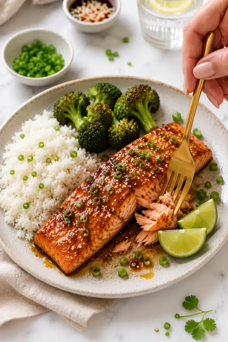 Close up glazed salmon fillet being flaked apart with a fork beside white rice, roasted broccoli, lime wedges, and green onion garnish on a ceramic plate.