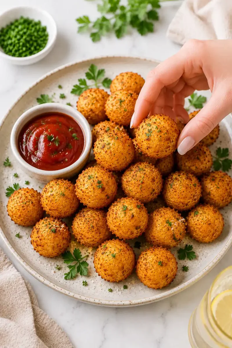 Close up crispy potato cheese balls with a hand picking up a golden bite beside ketchup dipping sauce and fresh parsley garnish on a ceramic plate.