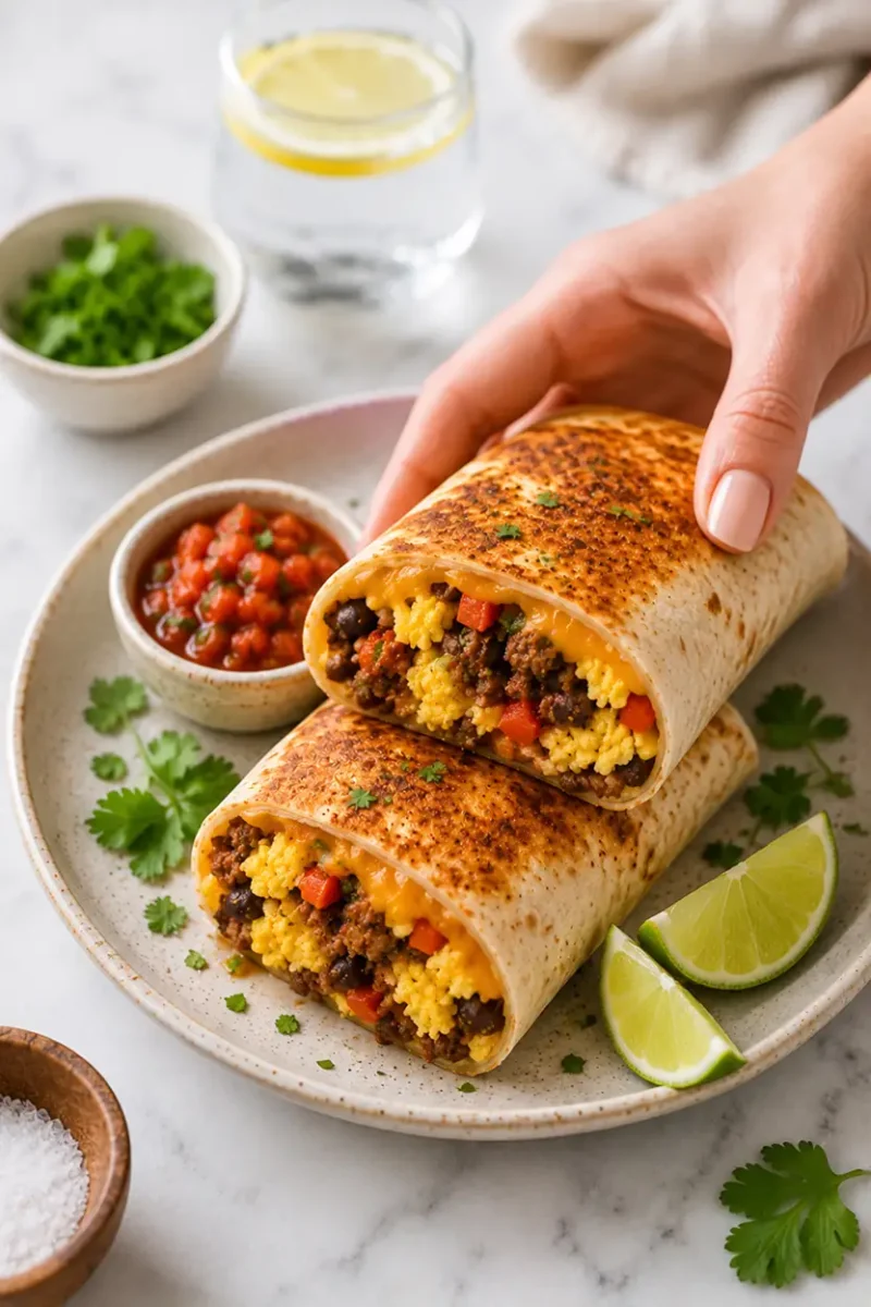 Close up breakfast burrito with scrambled eggs, black beans, peppers, and seasoned beef while a hand holds the crispy toasted wrap beside salsa and lime wedges.