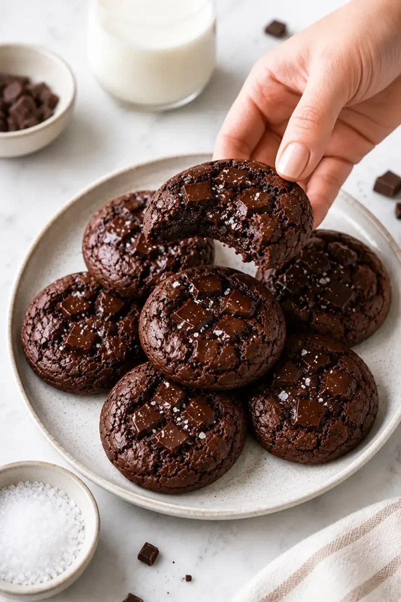 Close up gooey double chocolate cookie being held by hand with melted chocolate center, crackled surface, and flaky sea salt topping on a ceramic plate.