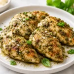 Juicy air fryer pesto chicken breasts topped with parmesan cheese and fresh basil, served on a ceramic plate with herb seasoning and golden edges.