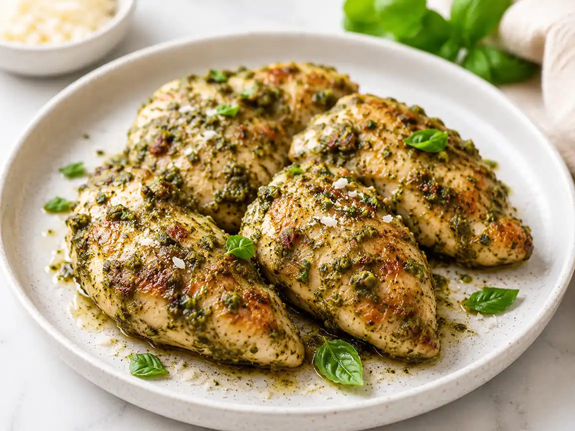 Juicy air fryer pesto chicken breasts topped with parmesan cheese and fresh basil, served on a ceramic plate with herb seasoning and golden edges.