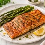 Marinated air fryer salmon fillet served with roasted asparagus and lemon wedges on a ceramic plate with caramelized seasoning and fresh parsley garnish.