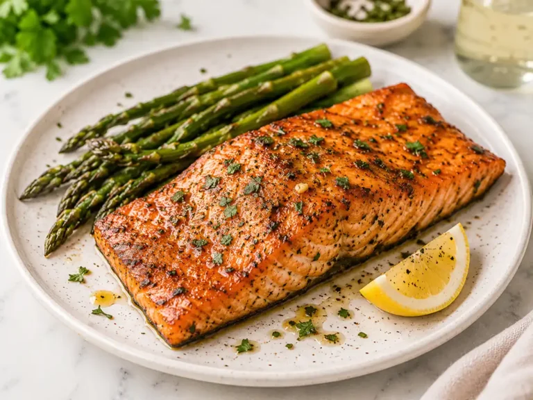 Marinated air fryer salmon fillet served with roasted asparagus and lemon wedges on a ceramic plate with caramelized seasoning and fresh parsley garnish.
