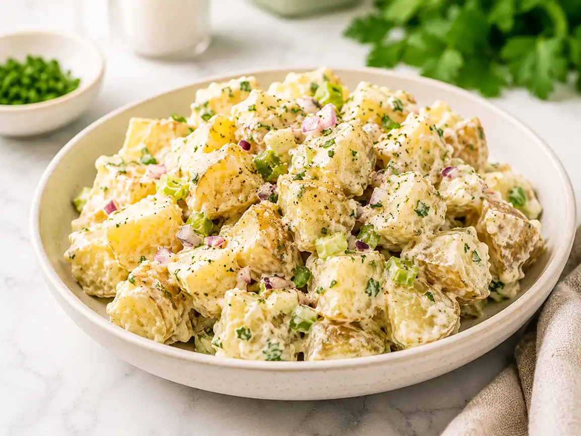 Creamy potato salad served in a ceramic bowl with tender potatoes, herbs, parmesan cheese, red onion, and creamy dressing on a bright marble countertop.