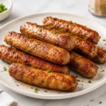 Air fryer breakfast sausage links served on a ceramic plate with crispy browned casing, parsley garnish, and juicy breakfast sausage texture on a marble countertop.