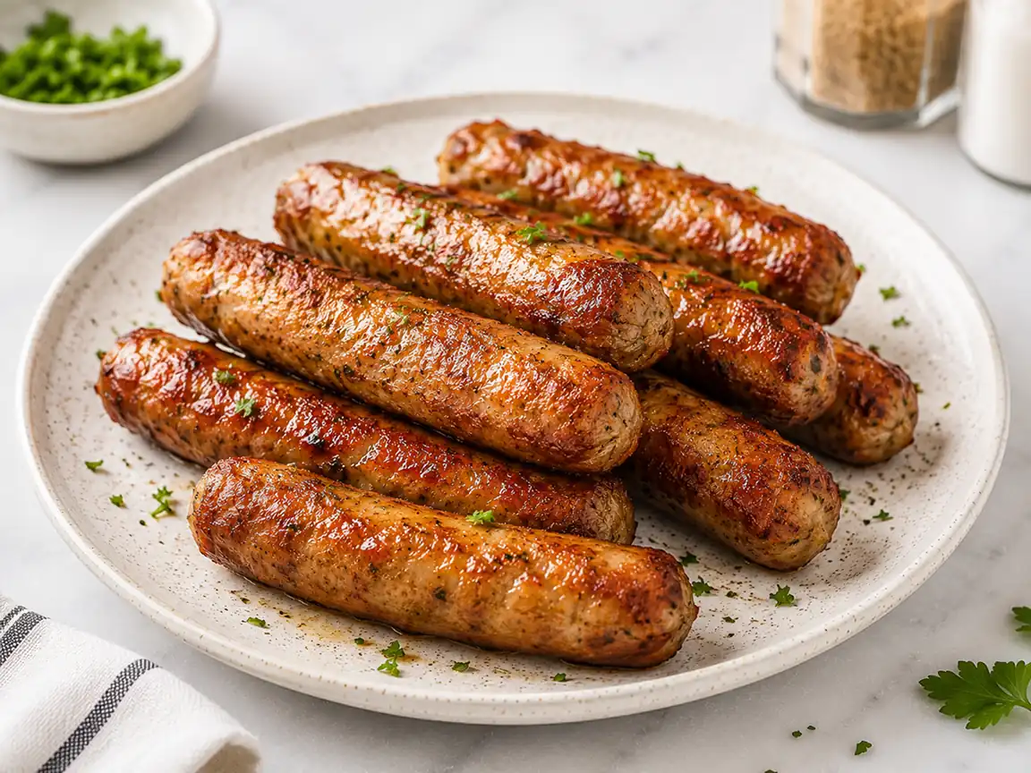 Air fryer breakfast sausage links served on a ceramic plate with crispy browned casing, parsley garnish, and juicy breakfast sausage texture on a marble countertop.